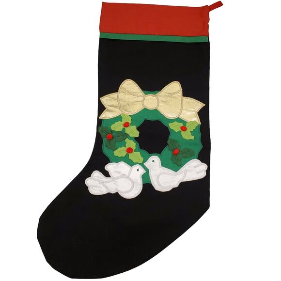 Vintage Christmas Stocking White Doves Gold Bow Wreath Stocking Holly Wreath - Picture 1 of 9